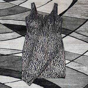 I.N. SAN FRANCISCO LACE LEOPARD-PRINT METALLIC ASYMMELRICAL HEM DRESS